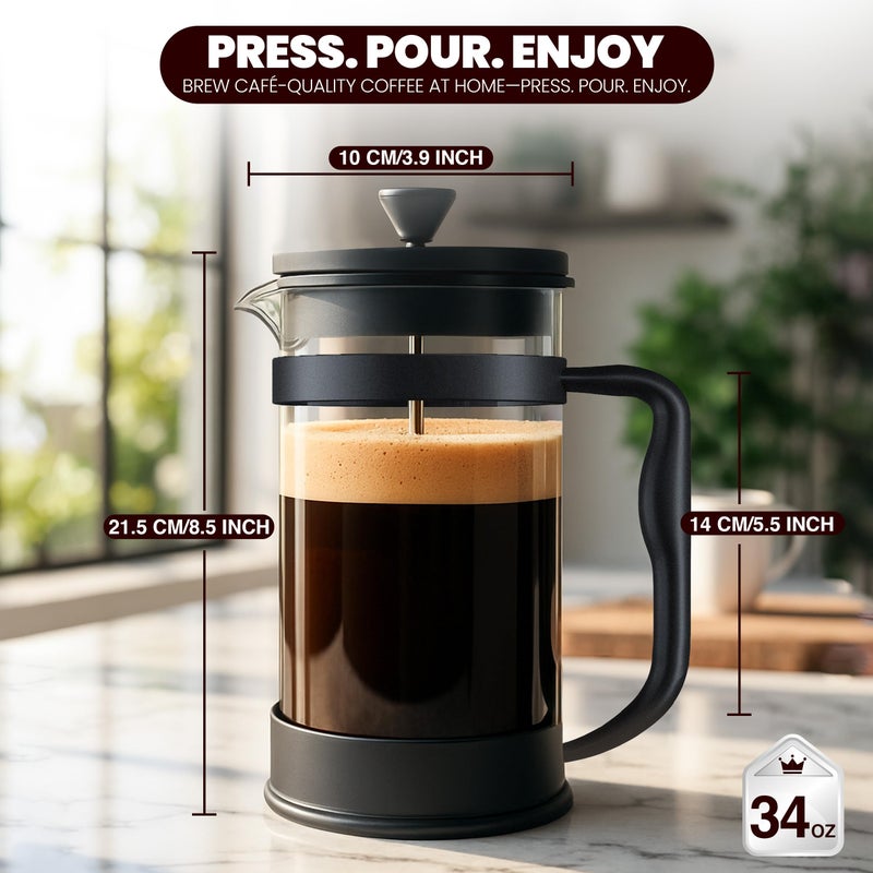 Utopia Kitchen Borosilicate Glass French Press Coffee Maker 34 oz, Heat-Resistant Cafetiere & Tea Maker, Thickened Glass Coffee Press for Travel and Camping, Black - Image 4